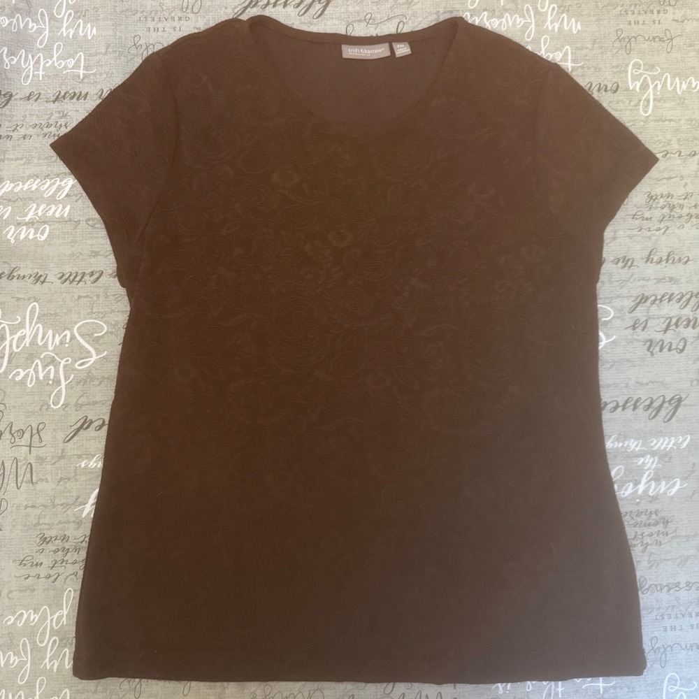 Croft & Barrow Brown Floral Jacquard Short Sleeve Stretch Top PXL Petite XL
